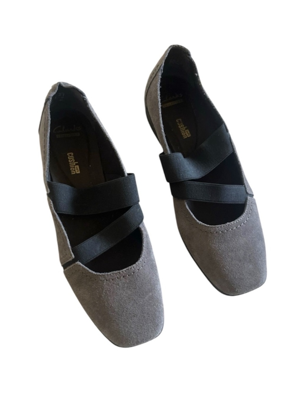 Clarks neutral comfy  gray Suede Ballet Flats with Black Elastic size 9.5
